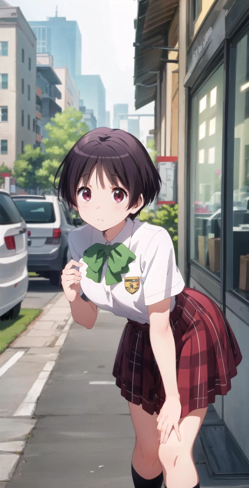 masterpiece, best quality, highres, BREAK
,embarrassed,classical convenience storefront daytime, , mid-century modern theme, , , leaning forward,looking at viewer, ,BREAK,
<lora:kumin:0.8>, kumin tsuyuri, school uniform, short sleeves, plaid skirt
,