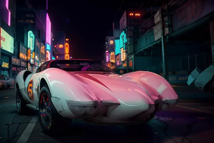 analog gloomy photo of a Mach 5 car, <lora:m4ch5:1>, racing down a neon new york city avenue at night, outrun, synthwave, retrowave, purple sky, ((cyberpunk)), High Detail, Sharp focus, ((photorealism)), realistic, best quality, 8k, award winning, dramatic lighting, epic, cinematic, masterpiece, dutch angle, sports photography, ambient fog:1.3, volumetric lights,
