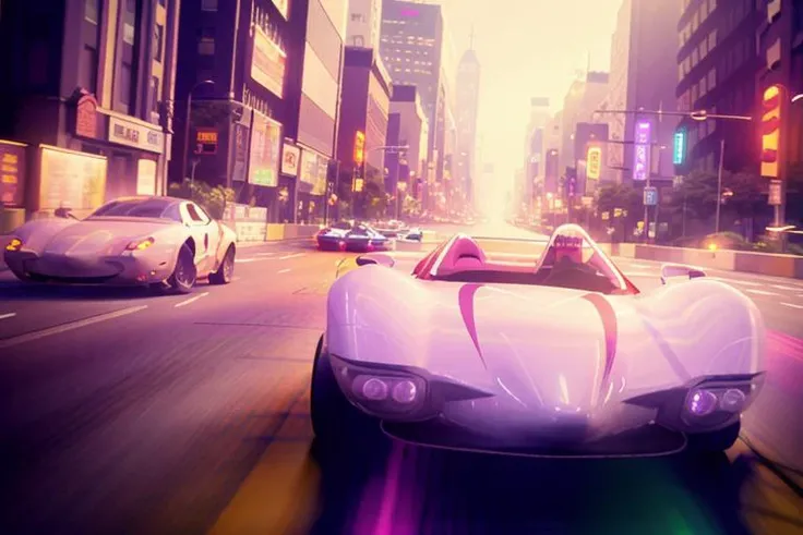 analog gloomy photo of a Mach 5 car, <lora:m4ch5:1>, racing down a neon new york city avenue at night, outrun, synthwave, retrowave, purple sky, ((cyberpunk)), High Detail, Sharp focus, ((photorealism)), realistic, best quality, 8k, award winning, dramatic lighting, epic, cinematic, masterpiece, dutch angle, sports photography, ambient fog:1.3, volumetric lights,