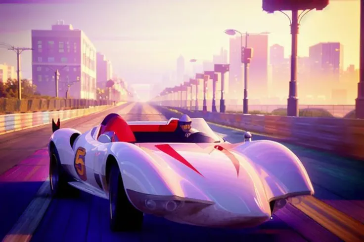 analog gloomy photo of a Mach 5 car, <lora:m4ch5:1>, racing down a neon new york city avenue at night, outrun, synthwave, retrowave, purple sky, ((cyberpunk)), High Detail, Sharp focus, ((photorealism)), realistic, best quality, 8k, award winning, dramatic lighting, epic, cinematic, masterpiece, dutch angle, sports photography, ambient fog:1.3, volumetric lights,
