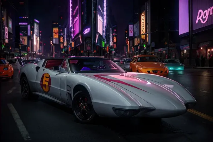 analog gloomy photo of a Mach 5 car, <lora:m4ch5:1>, racing down a neon new york city avenue at night, outrun, synthwave, retrowave, purple sky, ((cyberpunk)), High Detail, Sharp focus, ((photorealism)), realistic, best quality, 8k, award winning, dramatic lighting, epic, cinematic, masterpiece, dutch angle, sports photography, ambient fog:1.3, volumetric lights,