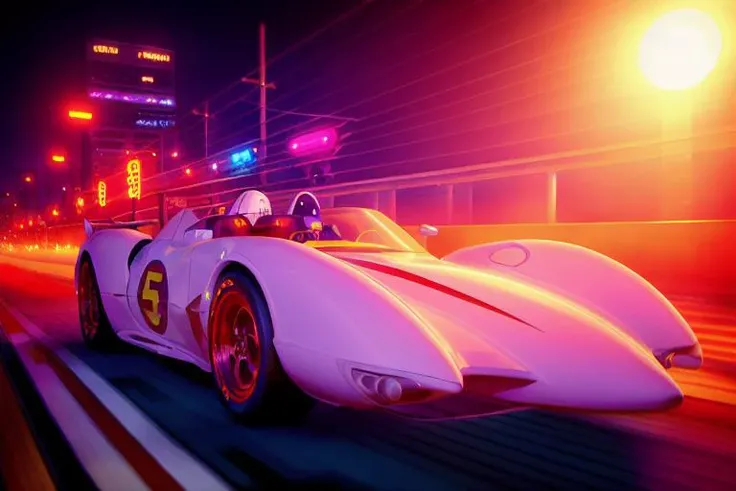 analog gloomy photo of a Mach 5 car, <lora:m4ch5:1>, racing down a neon highway at night, outrun, synthwave, retrowave, purple sky, ((cyberpunk)), High Detail, Sharp focus, ((photorealism)), realistic, best quality, 8k, award winning, dramatic lighting, epic, cinematic, masterpiece