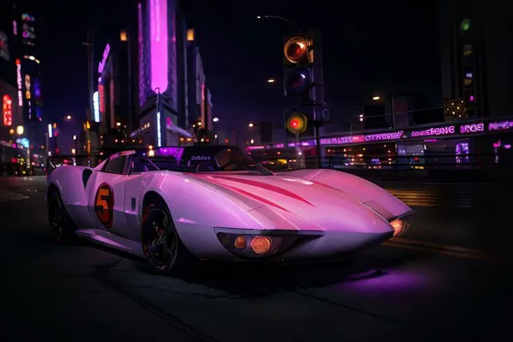 analog gloomy photo of a Mach 5 car, <lora:m4ch5:1>, racing down a neon new york city avenue at night, outrun, synthwave, retrowave, purple sky, ((cyberpunk)), High Detail, Sharp focus, ((photorealism)), realistic, best quality, 8k, award winning, dramatic lighting, epic, cinematic, masterpiece, dutch angle, sports photography, ambient fog:1.3, volumetric lights,
