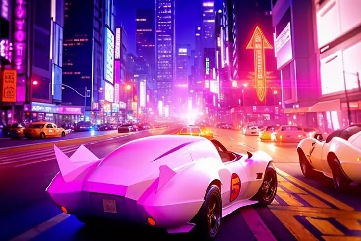 analog gloomy photo of a Mach 5 car, <lora:m4ch5:1>, racing down a neon new york city avenue at night, outrun, synthwave, retrowave, purple sky, ((cyberpunk)), High Detail, Sharp focus, ((photorealism)), realistic, best quality, 8k, award winning, dramatic lighting, epic, cinematic, masterpiece, dutch angle, sports photography, ambient fog:1.3, volumetric lights,