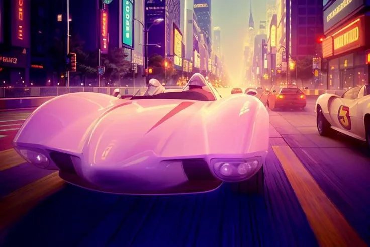 analog gloomy photo of a Mach 5 car, <lora:m4ch5:1>, racing down a neon new york city avenue at night, outrun, synthwave, retrowave, purple sky, ((cyberpunk)), High Detail, Sharp focus, ((photorealism)), realistic, best quality, 8k, award winning, dramatic lighting, epic, cinematic, masterpiece, dutch angle, sports photography, ambient fog:1.3, volumetric lights,