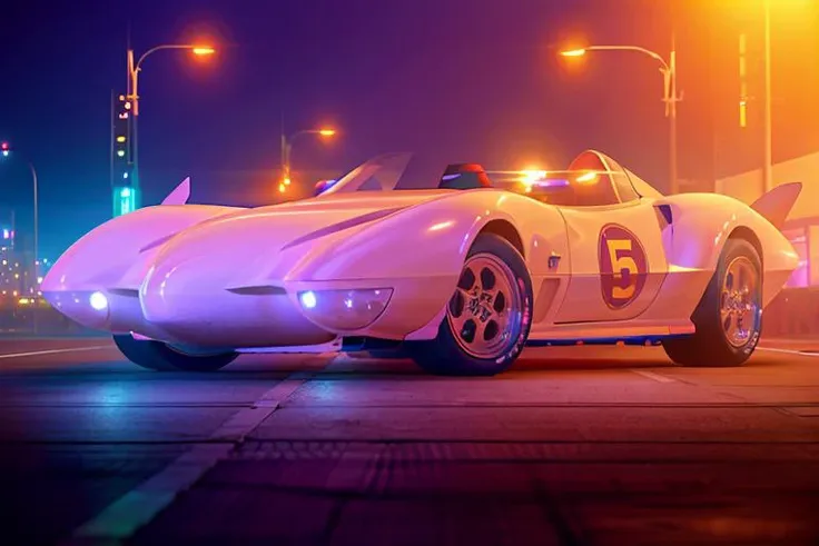 analog gloomy photo of a Mach 5 car, <lora:m4ch5:1>, racing down a neon new york city avenue at night, outrun, synthwave, retrowave, purple sky, ((cyberpunk)), High Detail, Sharp focus, ((photorealism)), realistic, best quality, 8k, award winning, dramatic lighting, epic, cinematic, masterpiece, dutch angle, sports photography, ambient fog:1.3, volumetric lights,