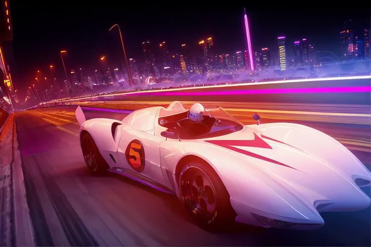 analog gloomy photo of a Mach 5 car, <lora:m4ch5:1>, racing down a neon city at night, outrun, synthwave, retrowave, purple sky, ((cyberpunk)), High Detail, Sharp focus, ((photorealism)), realistic, best quality, 8k, award winning, dramatic lighting, epic, cinematic, masterpiece, dutch angle, sports photography, ambient fog:1.3, volumetric lights,