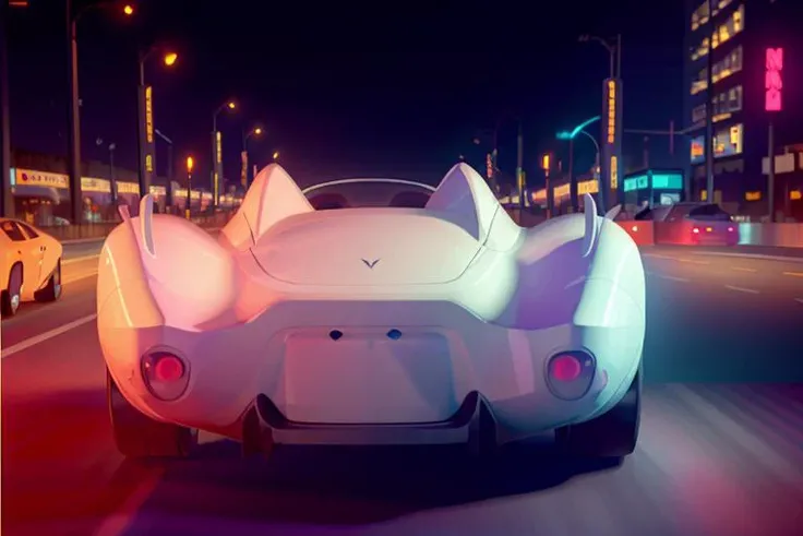analog gloomy photo of a Mach 5 car, <lora:m4ch5:1>, from behind, racing down a neon new york city avenue at night, outrun, synthwave, retrowave, purple sky, ((cyberpunk)), High Detail, Sharp focus, ((photorealism)), realistic, best quality, 8k, award winning, dramatic lighting, epic, cinematic, masterpiece, dutch angle, sports photography, ambient fog:1.3, volumetric lights,