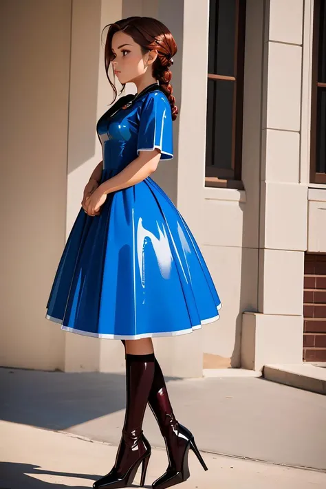 (masterpiece, best quality), 1girl, Burgundy Brown Braided Chignon with Hair Stick, big breasts,    <lora:4l1c3l4t3x:1> 4l1c3l4t3x, short sleeves, black bow, blue dress, shiny latex dress, high heels, kneehighs, white socks,