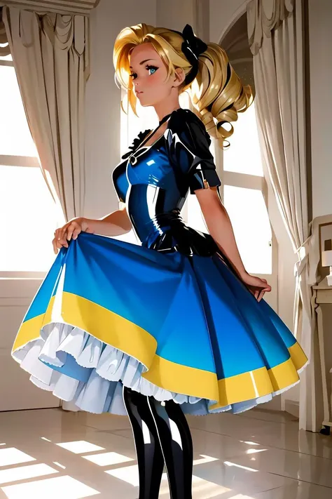 (masterpiece, best quality), 1girl, Golden Ombre Tousled Updo, Sizes M to Z breasts,    <lora:4l1c3l4t3x:1> 4l1c3l4t3x, short sleeves, black bow, blue dress, shiny latex dress, high heels, kneehighs, white socks,