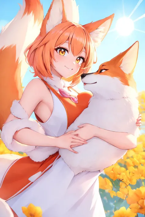 Sitting cross-legged,barechested,Beautiful white legs, Lady,Furry,foxes,Looking up from below,tits out,