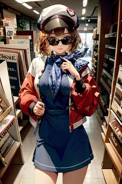 (masterpiece, best quality, ultra detailed, absurdres)1.5, 1girl, (sexy, beautiful woman, perfect face, perfect eyes, perfect female body, large breasts)1.5, (Regulus, short hair, brown hair, long sleeves, dress, jacket, scarf, neckerchief,  blue dress, white hat, sunglasses, wristwatch,  bangs, <lora:Regulus:0.7>), (standing, indoors, record store), perfect lighting, smooth, hdr