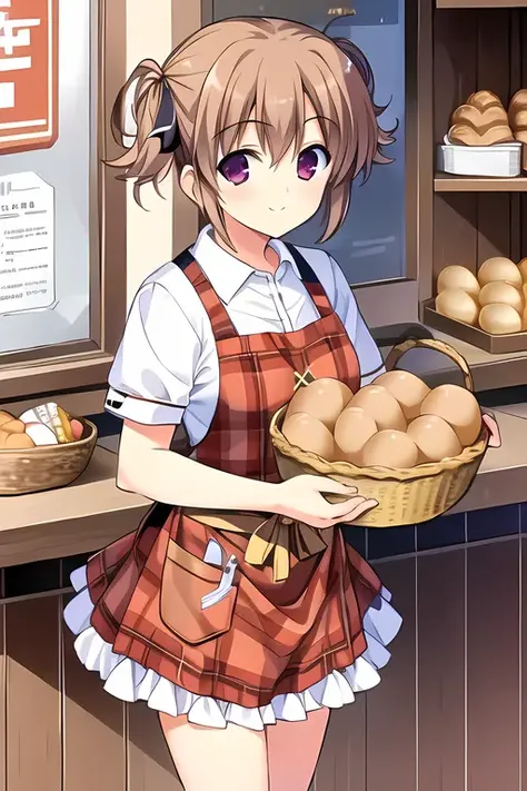 irisu makina, 1girl, masterpiece, best quality, bakery, bread, loasf of bread, storefront, cash register, apron, smiling, own hands together, <lora:Makina-15:0.7>
