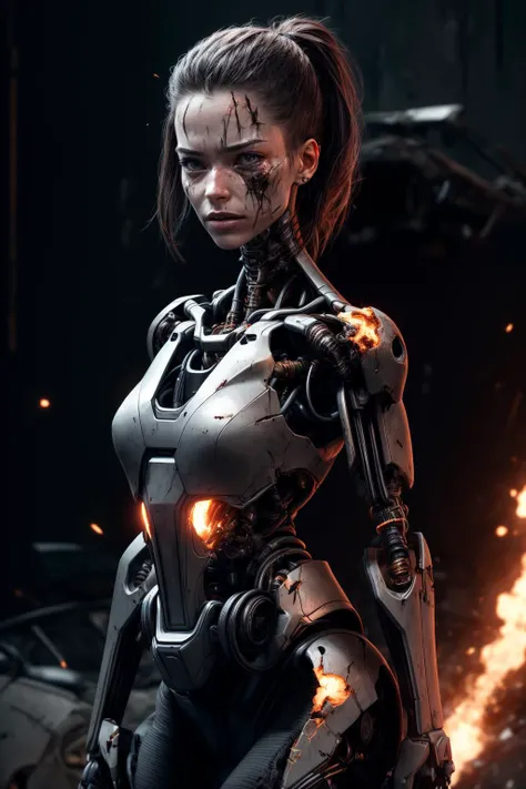 RAW photo, hyper-realistic, Generate a realistic image inspired by the Terminator franchise, depicting the face of a battle-damaged female cybernetic organism. The face is divided into two halves: on the left side, the visage appears to be that of a resilient woman, with lifelike skin,highly detailed eyes and skin, delicate features, and signs of determination. On the right side, however, the illusion of humanity is shattered, revealing the exposed, damaged exoskeleton beneath the surface of the skin.
Render the human side of the face with meticulous attention to detail, capturing the intensity and grit of a battle-hardened warrior. Utilize high-resolution textures to depict the resilient skin, portraying a mix of determination, sweat, and possibly a few battle scars. Enhance the realism by incorporating dynamic lighting techniques that emphasize the character's determination and strength, casting shadows that add depth and intensity to the facial expression.
On the damaged robotic side, reveal a combination of damaged and torn skin that exposes the metallic exoskeleton beneath. The skin should appear to be peeling or partially torn, revealing the intricate machinery situated beneath it. Employ advanced AI rendering techniques to bring out the details of the exposed exoskeleton, showcasing the battle-inflicted scars, ruptured joints, and sparks of malfunctioning circuitry. The metallic exoskeleton should be positioned deeper within the face, conveying the sense that it resides beneath the torn skin.
Create a contrast between the warm, human side and the cold, damaged robotic side by utilizing a lighting scheme that highlights the stark divide between organic and artificial elements. Experiment with lighting angles to accentuate the battle damage and provide depth to the damaged robotic side. Use orange lighting on the damaged side to create an otherworldly and menacing atmosphere, while also highlighting the exposed exoskeleton beneath the torn skin.
In the background, incorporate a dystopian environment that further enhances the sense of destruction and battle. Utilize smoky atmospheres, crumbling structures, or shattered remnants of technology to reinforce the theme. This backdrop will enhance the overall atmosphere and convey a post-apocalyptic setting.
Ensure that the final image effectively portrays the resilience and battle-worn nature of the female Terminator, juxtaposing the vulnerability of human skin with the exposed exoskeleton beneath the damaged surface. The attention to detail, realistic rendering, and careful lighting techniques, including the use of torn skin and the placement of the exoskeleton deeper within, will contribute to a visually captivating and immersive representation of the battle-damaged female Terminator's face.
<lora:add_detail:1.5> <lora:bhands-neg:1> <lora:Noiseoffset:0.5>