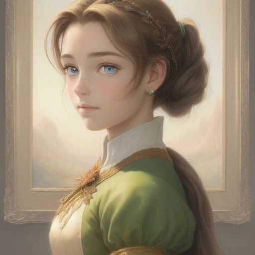 a close up of a beautiful painting of a woman's face, and a woman's dress, 1girl, solo, green eyes, aerith gainsborough, brown hair, portrait