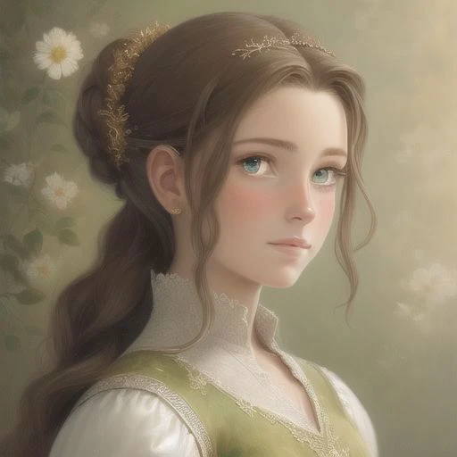 a close up of a beautiful painting of a woman's face, and a woman's dress, 1girl, solo, green eyes, aerith gainsborough, brown hair, portrait