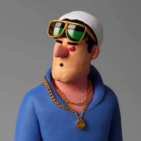 masterpiece, best quality, a handsome man, solo, sunglasses, gold chain, t-shirt, <lora:syclay:0.9>, clay, clay texture, polymer clay, ultra light clay, q edition, cartoon, simple background,