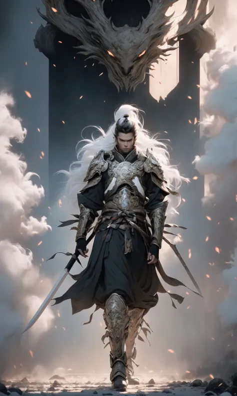 (dramatic, gritty, intense:1.4),masterpiece, best quality, 8k, insane details, intricate details, hyperdetailed, hyper quality, high detail, ultra detailed, Masterpiece, (Black background:1.5),
1boy, solo, holding weapon,holding polearm,spear,white armor,white breastplate,white shoulder armor,(full body:1.5),metallic sheen, exoskeleton, Golden metal, metallic,
long hair, (white hair:1.5),white helmet,white ponytail,
east asian architecture,
A shot with tension(Visual impact,giving the poster a dynamic and visually striking appearance:1.2),Chinese Zen style,impactful picture,
<lora:~Q?-v}Q:0.9>