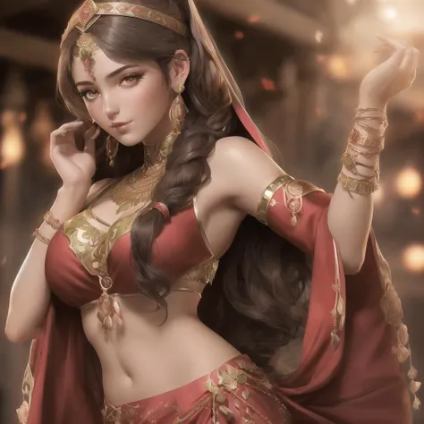 (highly detailed), (illustration), (intricate), (beautiful face), (attractive body), (complete body picture), modern indian goddess, Hinduism, (transparent red saree), (visible natural breasts), (NSFW), dynamic pose, deity crown, (lion standing nearby), colorful, eye-catching, heavenly.
