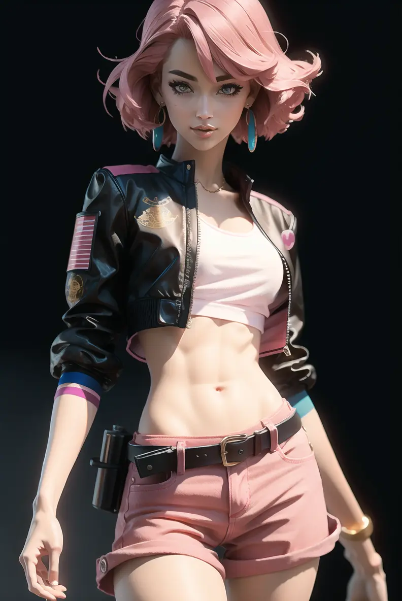 up front view, delicate colorful 3D model of anime girl,1girl, belt, blurry,  crop_top, earrings, hair_between_eyes, jacket, jewelry, looking_at_viewer, midriff, navel, pink_hair, realistic, solo, fantasy model, realistic, sharp details, intricate details, ultra-realistic,digitally enhanced,3d reference , 8k resolution, unapologetic grit, overexposure,sharp focus , UHD, 8K  <lora:a_fantasy_color_LORA:0.3> <lora:epiNoiseoffset_v2:0.6>