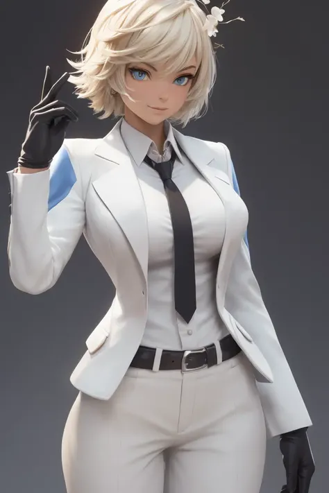 3D model 1girl, bangs, blonde hair, blue shirt, breasts, buttons, collared jacket, collared shirt, flower, formal, gloves, hair between eyes, hair ornament, hands up, jacket, long sleeves, looking at viewer, medium breasts, necktie, open mouth, orange eyes, pants, shirt, short hair, short hair with long locks, sidelocks, solo, standing, suit, teeth, tongue, white flower, white gloves, white jacket, white necktie, white pants