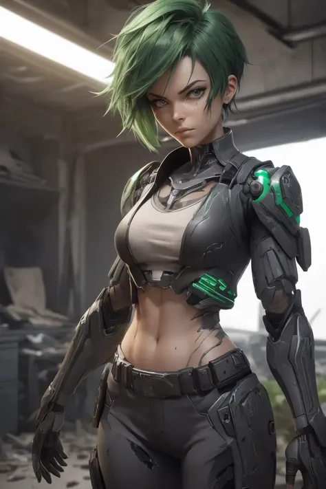 3D model, woman cyborg, green hair short hair, wearing broken black and gray Bio Hybrid Power suit, at cluttered and messy shack , action shot, ((tattered torn shirt)), alluring eyes, very dark cinematic lighting, heavy shadows, intricately detailed, detailed facial features, abs, veiny skin, lips open,