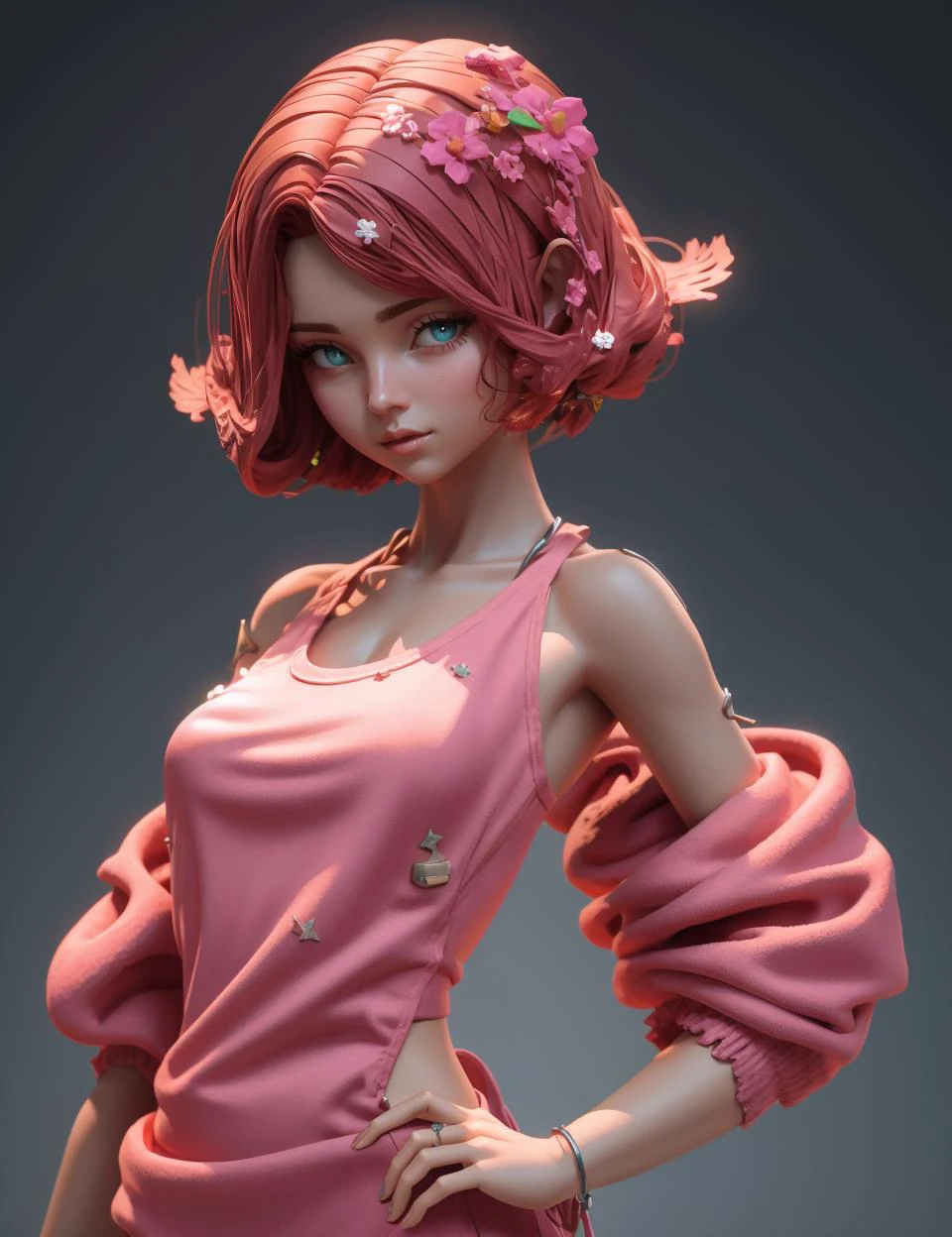 Delicate 3D PVC model of a isometric woman, exposed nipples, highly detailed fingers, half closed eyes, cute hair accessories, color accents, soft smooth lighting, with soft pastel colors, 3d icon clay render, 120mm lens, 3d blender render, trending on polycount, modular constructivism, physically based rendering, centered