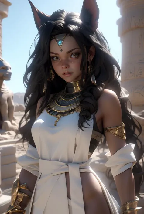 (1girl),long black hair, Blush,Egypt, Middle East robes, Anubis, covered with (bandages),dog ears,  brown skin,mummy,cute face,blush,yellow eyes, 
3d rander,blender render,unreal engine,masterpiece, high quality, ultra details,ray tracing,
<lora:NijiExpressV2:0.6>