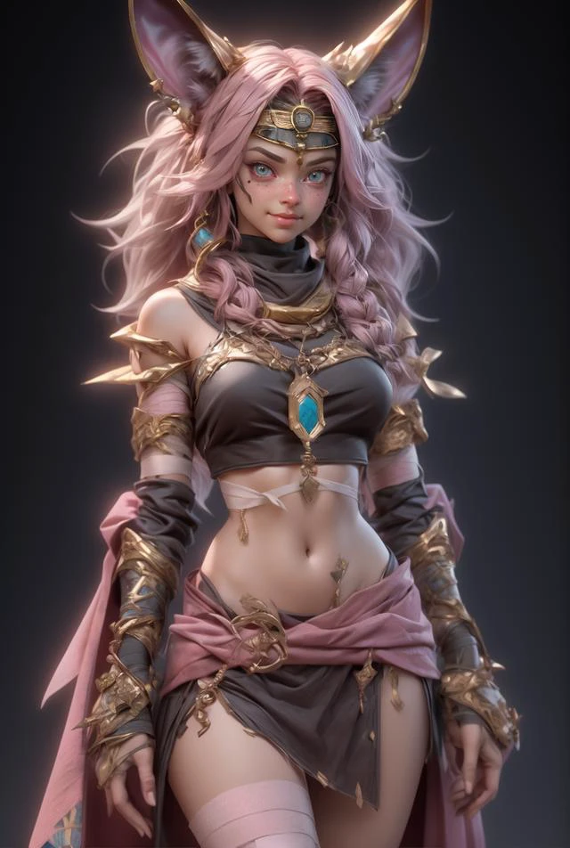 (1girl),long pink hair, Blush,Egypt, Middle East robes, Anubis, covered with (bandages),dog ears,
3d rander,blender render,unreal engine,masterpiece, high quality, ultra details,ray tracing,
<lora:NijiExpressV2:0.6>
