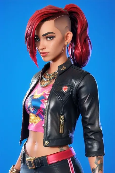 <lora:FortSketcherAlpha:0.8>, 3D model , eyelashes, full body, 1girl, vi (league of legends), jewelry, short hair, black jacket, white pants, solo, tattoo, red hair, hair over one eye,  piercing, jinx (league of legends),  (half_buzzcut_hairstyle:1.3), long hair, <lora:half_buzzcut_hairstyle:0.55>, blue background,  fortnite,