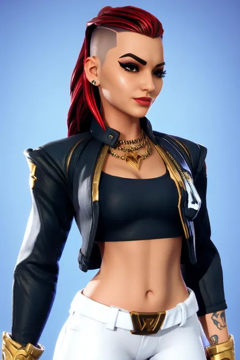 <lora:FortSketcherAlpha:0.8>,eyelashes, full body, 1girl, vi (league of legends), jewelry, short hair, black jacket, white pants, solo, tattoo, red hair, hair over one eye, piercing, jinx (league of legends), (half_buzzcut_hairstyle:1.3), long hair, <lora:half_buzzcut_hairstyle:0.55>, blue background, fortnite,