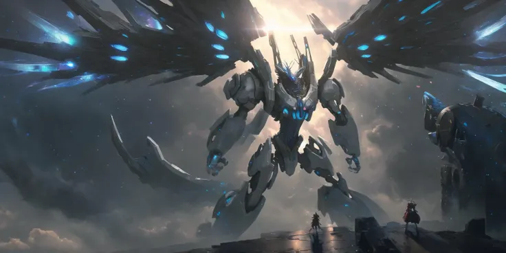 mecha_musume,headgear,mechanical_arms,bodysuit,masterpiece, best quality,dragon, molten_rock, galaxy,sky,(wings),star \(sky\),night,starry,sky,Broken urban background, full body, <lora:fantasticDragon_v10:1>