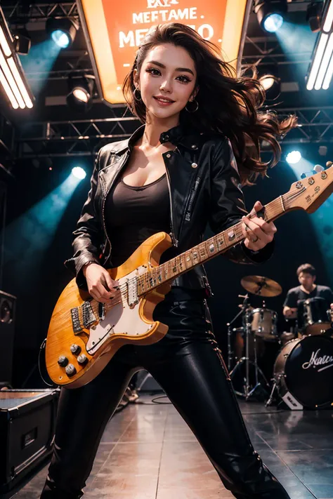 DV_MeiLing_Vicious, long black hair, heavy make up, wearing a black leather jacket, black shirt with graphic design, black pants, boots, looking serious, smiling, dynamic shot,
holding a electric guitar, on stage, concert, dark, neon lighting, extreme detail, masterpiece,