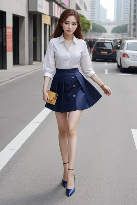 a-line skirt, tucked-in button-up blouse, and low-heeled pumps, DV_MeiLing_Vicious