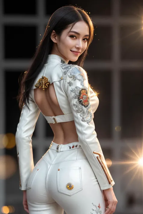 (Art Photography, Award Winning) skinny and toned, extremely long legs, DV_MeiLing_Vicious (is a yakuza with neck tattoo, wearing white leather pants and jacket with dragon print on the back, white ducati bike, 5mm, F/2.8, ((Photo Focus, DOF, Aperture, insanely detailed and intricate, character, hypermaximalist, revealing, appealing, attractive, amative, hyper realistic, super detailed, heresy flares))(DOF, blurry background, sunset in the background) (Lens Flare:1.3), (Heresy flare:1.4), smiling, standing