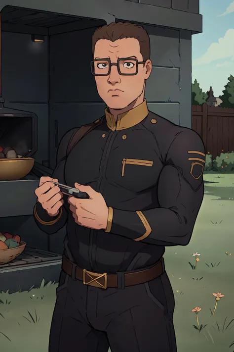 (masterpiece, best quality, absurdres, 4k, aesthetic, detailed, intricate),outside,grass,charcoal grill,male focus,2d illustration,hank hill,chubby,glasses,balding, black yamatosuit, gold trim,belt,black eyes <lora:attire_yamatosuits:0.7> <lora:Hank_Hill_SD_1.5:1>