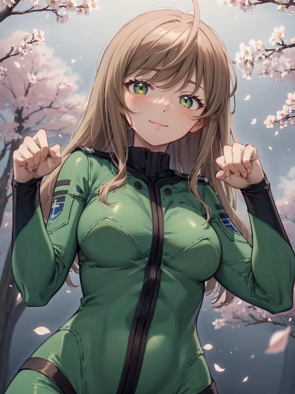 illustration, cartoon, soothing tones, calm colors, masterpiece, detailed, highres,
1girl, smile, nose blush, long hair, looking at viewer, green yamatosuit, from below wariza, paw pose, flower, cherry_blossoms <lora:attire_yamatosuits-17:1> <lora:minami_yume:0.8>