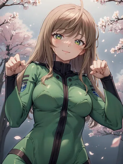 illustration, cartoon, soothing tones, calm colors, masterpiece, detailed, highres,
1girl, smile, nose blush, long hair, looking at viewer, green yamatosuit, from below  wariza, paw pose, flower, cherry_blossoms <lora:attire_yamatosuits-17:1> <lora:minami_yume:0.8>