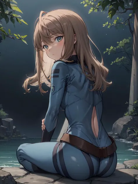 illustration, cartoon, soothing tones, calm colors, masterpiece, detailed, highres,
1girl, long hair, blue yamatosuit, from behind, wariza, outdoors, looking at viewer,
<lora:attire_yamatosuits-17:1> <lora:minami_yume:0.8>