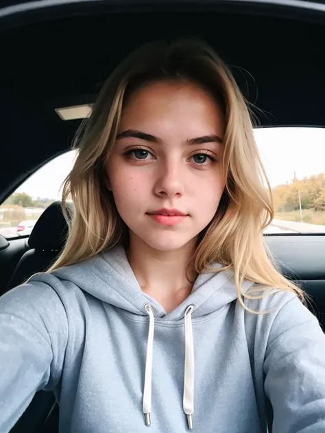 RAW photo, a 18-year-old blonde girl, upper body, selfie in a car, blue hoodie, inside a car, driving, soft lighting, high quality, highres, sharp focus, extremely detailed, (sunlight on face), beautiful eyes, masterpiece, cinematic lighting, dslr, Fujifilm XT3, (((film grain)))