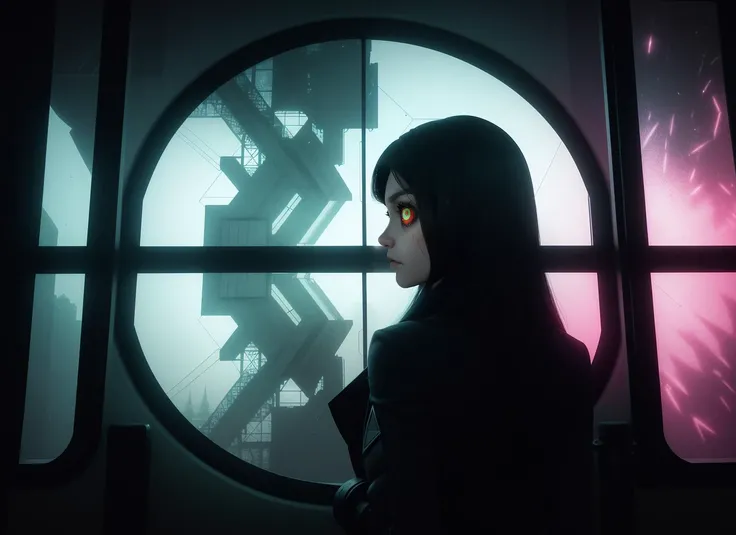 three cornered window, back of head shot of (woman looking out of triangle window:1.1), 3rd person, Looking out the triangular window of a (train:1.1) with triangular windows, triangular windows and triangular, wheels, in a fantasy world,
psychedelic, geometric, vivid light, high contrast, triadic colors, dark shadows, explosions, nuclear mushroom cloud, nuclear explosion, dystopian nightmare,
(beautiful composition),
21 yo woman,