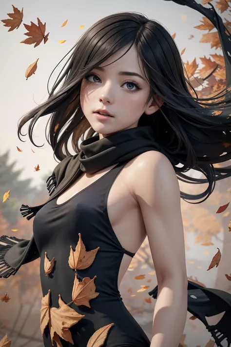 masterpiece, highly detailed, ultra realistic, watercolor and ink painting, dancing young woman in (black:1.0) maillot, thin muscular body, long hair blowing in the wind, (falling leaves background:1.5), colorful, sheer fabric scarf blowing in the wind <lora:lora_perfecteyes_v1_from_v1_160:1> cr1styren, perfecteyes eyes