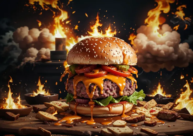 Gigantic Nuclear burger photo (explosion:1.3) <lora:BlowItUp!_v1-DSlater:1> Explosion Artstyle, smoke, fire
<lora:Burger photo_v01:0.6>