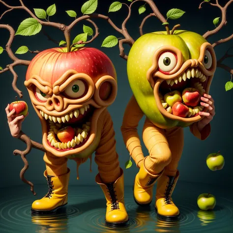 <lora:fruitynightmare_model:0.1> fruitynightmare anthropomorphic apple wearing (black boots:1.4), white shirt, insanity, looking at viewer, holding an apple, walking on water, apples falling, ripples, leaves, pressing apple, evil gaze, ivy, veins
<lora:AddMoreDetails-DetailEnhancer_v1-Lykon:0.7>