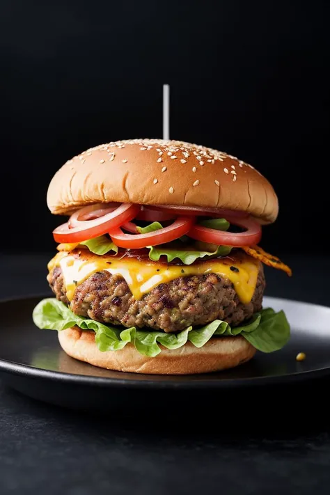 product shot of ultra realistic juicy cheeseburger against a dark background, two tone lighting, advertisement,