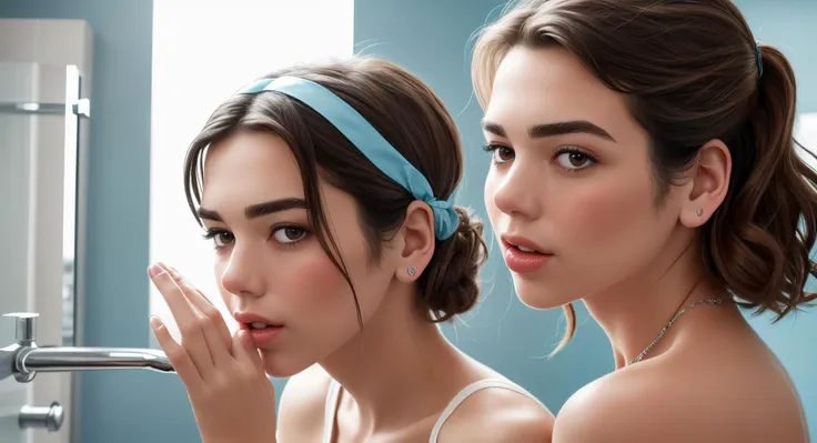 an awarded profesional photography of 1girl dualipa (pale white skin, beautiful turquoise eyes,) bald girl wavy hair strawberry blonde with hair ribbon with wristband and spider's web with fdistracted,she make waving in a bathroom ,maked with Canon PowerShot G7X MarkIII photography by Jeff Wall dramatic light,(epic scene:1.3),ultradetialed character with perfect face,detailed skin,(ultrasharp:1.3),(masterpiece:1.1),best quality AS-YoungV2,(photorealistic:1.2),ultrarealistic,realistic ultradetailed character,4k perfect quality,Medium close-up<lyco:GoodHands-beta2:1>Magnificent,Imperceptible detail,Intricately designed, in spring