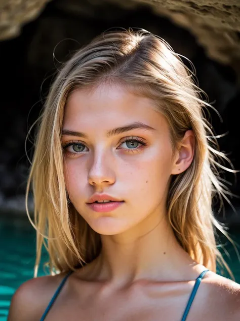 RAW photo, a 18-year-old blonde girl, upper body, swimwear, diving, cave, soft lighting, high quality, highres, sharp focus, extremely detailed, (sunlight on face), beautiful eyes, masterpiece, cinematic lighting, dslr, Fujifilm XT3, (((film grain))), <lora:add_detail:0.6>