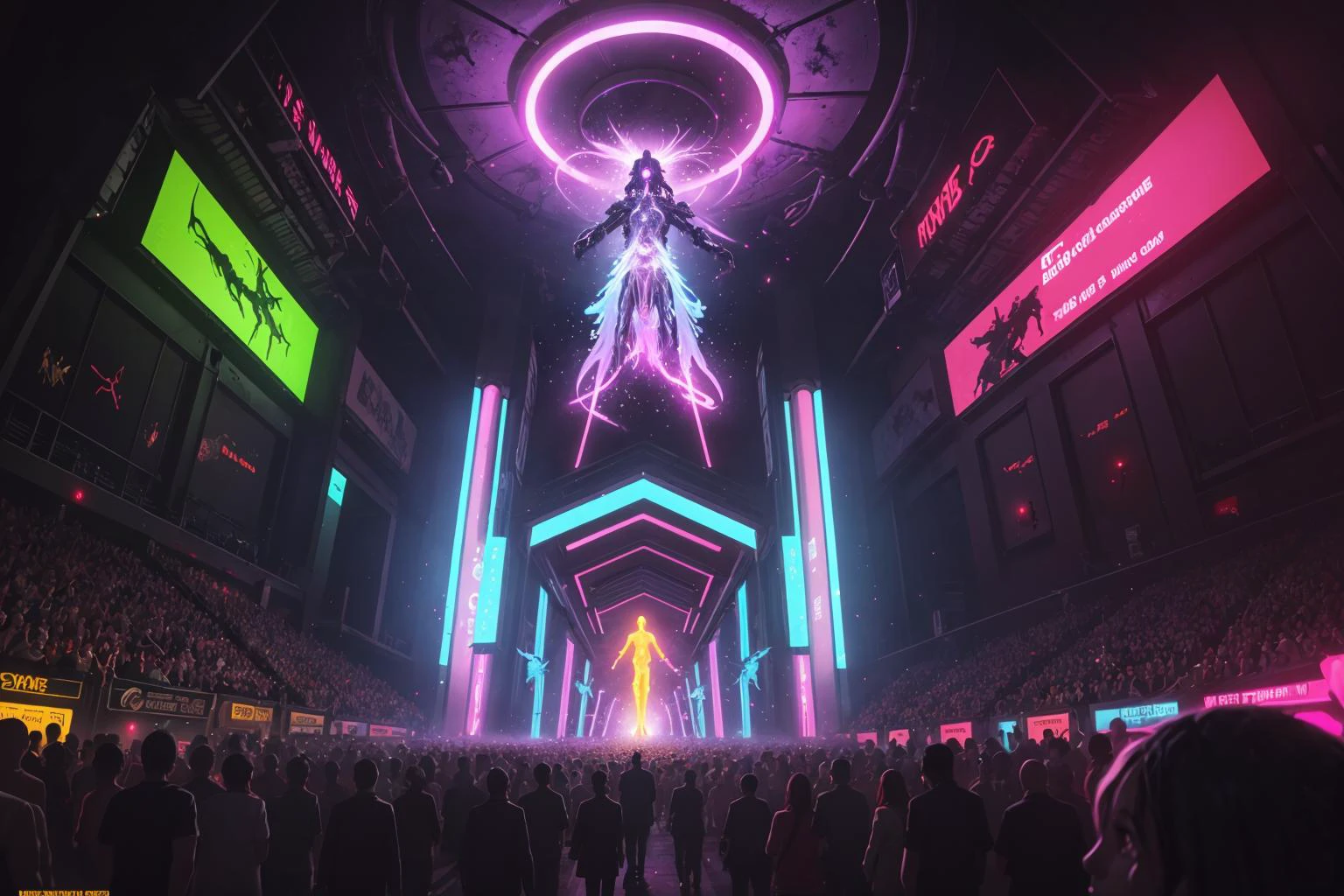 (masterpiece, artwork), painting of a higher being descending to earth, portal, futuristic, crowd, glowing, neon lights, creepy, epic