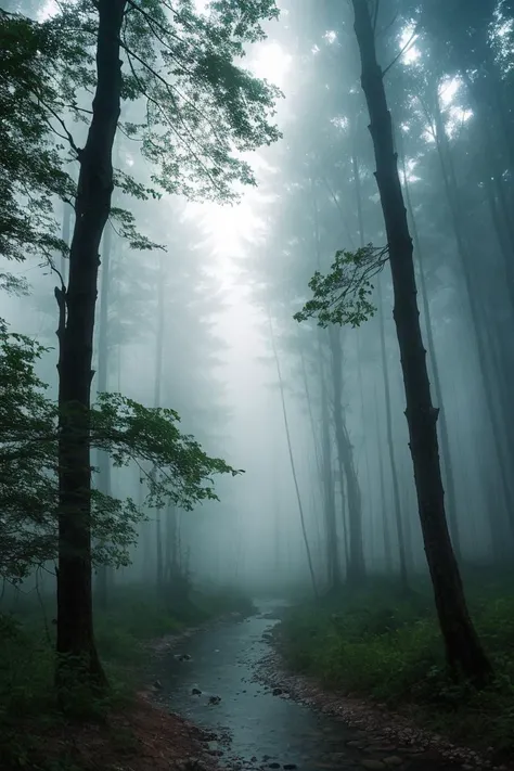 mystical scene, volumetric lighting, Beautiful, forest, water, stars, foggy, fireflies, matte, photograph