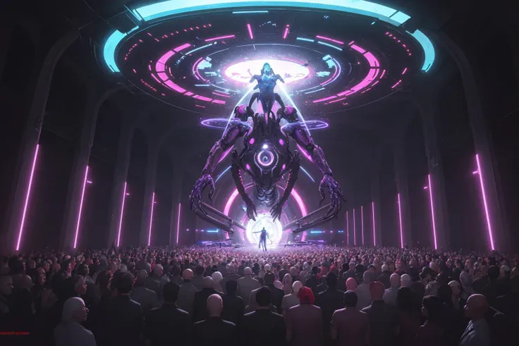(masterpiece, artwork), painting of a higher being descending to earth, portal, futuristic, crowd, glowing, neon lights, creepy, epic